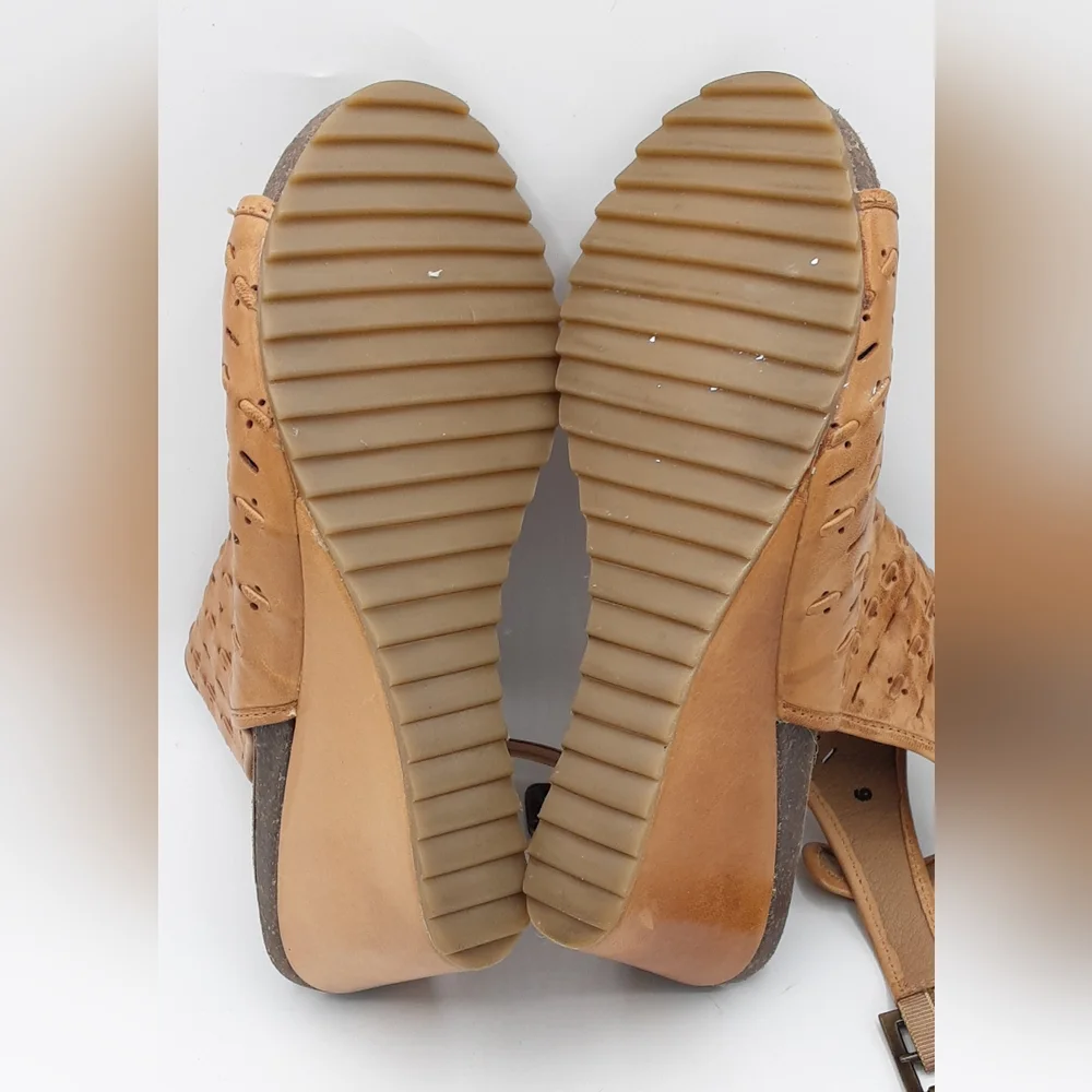 Diba True Leather Boho Tan Perforated Wedge Sandals.